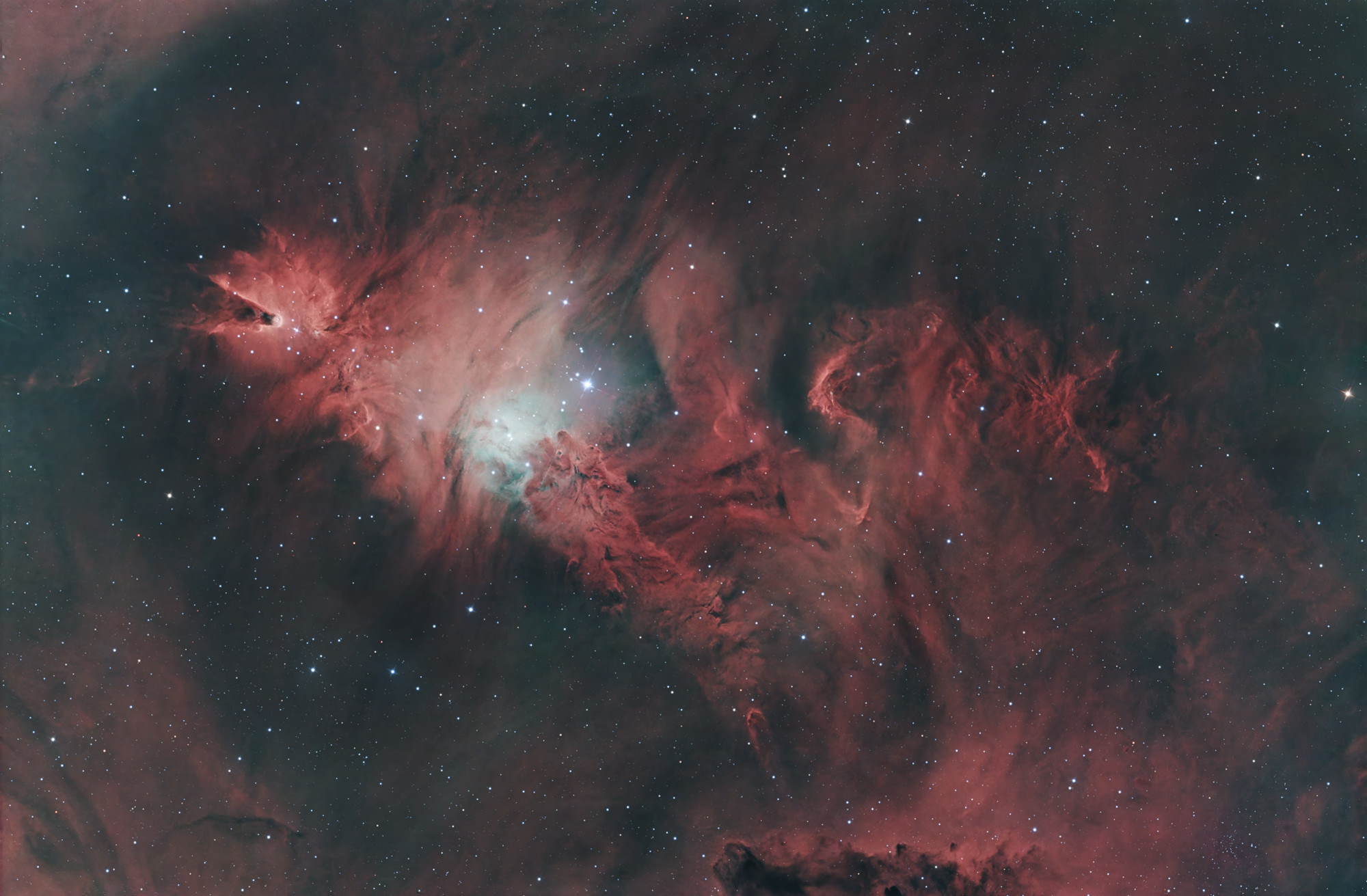 Der bläuliche offene Sternhaufen NGC 2264 liegt im Sternbild Einhorn und ist ein sehr junges Sternentstehungsgebiet. Der kegelförmige Dunkelnebel links hat eine Ausdehnung von etwa sieben Lichtjahren.